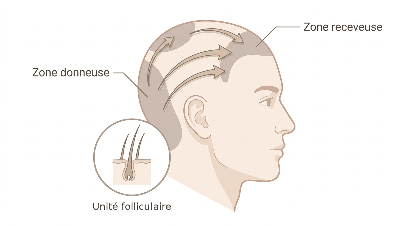 Greffe capillaire FUE : zone donneuse, zone receveuse et unite folliculaire
